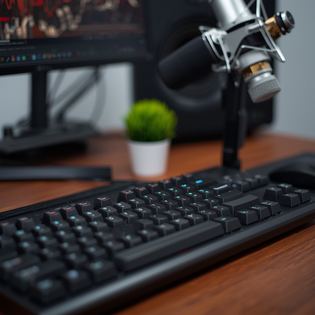 A close-up of a high-tech mechanical keyboard and a professional microphone on a wooden desk with a small green plant. No people. No women.
